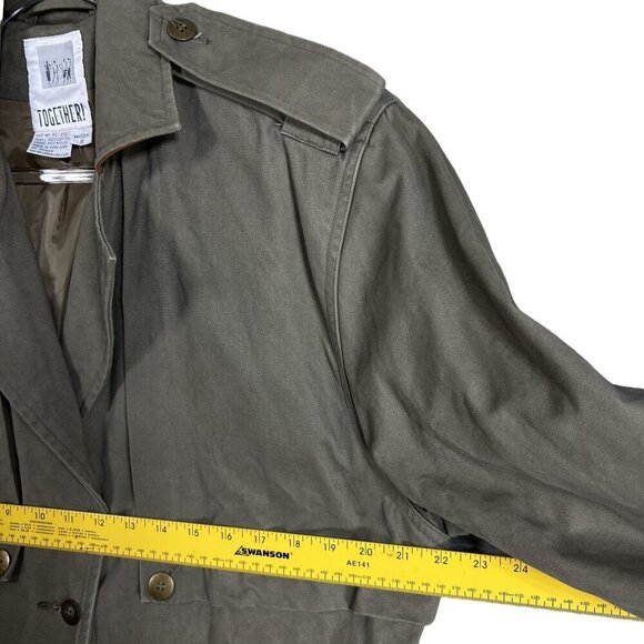 Together Women 8 Military Style Trench Coat Olive Green Leather Trim Grunge Goth - Picture 11 of 16